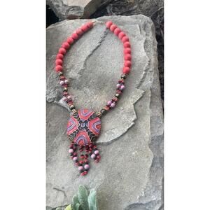 VTG Boho Statement Pendant Necklace Eccentric Tribal Earthy Festival Maximalist